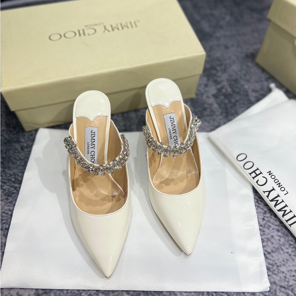 Ivory Patent Pointed Crystal-Embellished Mule